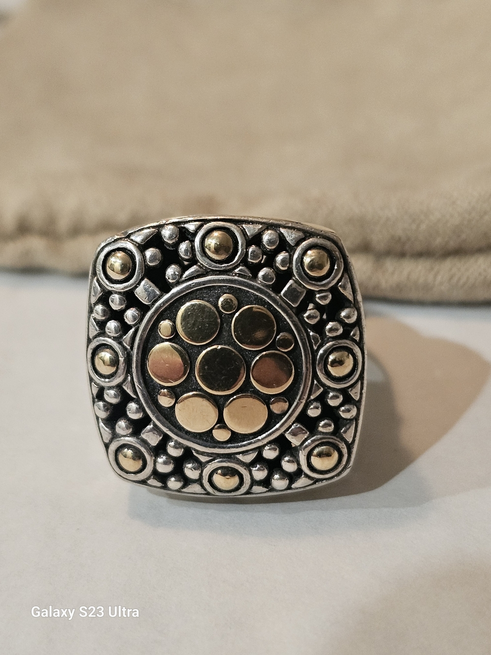 John Hardy 18K Gold Sterling Silver Dot Cushion Square Cocktail Ring Size 9.